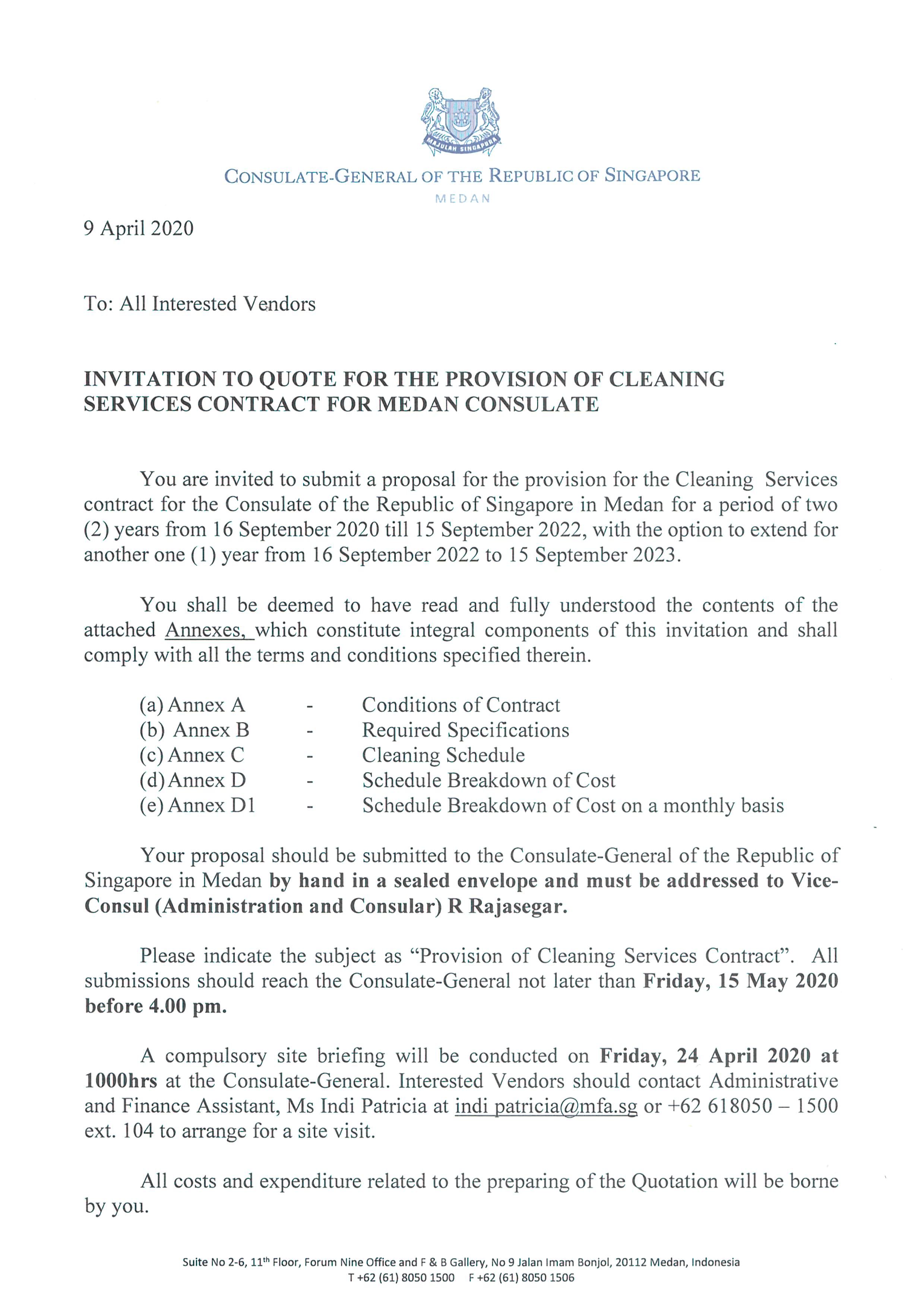 Consulate-General Singapore invitation to quote for cleaning services contract. Document with text and Singapore emblem.